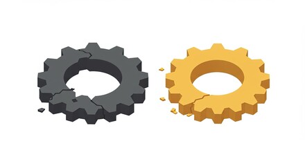 Isometric illustration of two broken gears with cracks and missing pieces