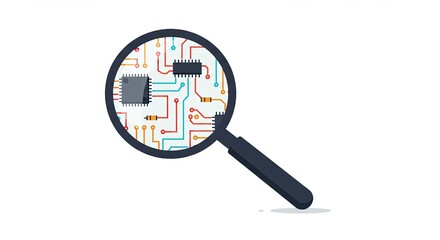 Magnifying glass examining a circuit board with microchips and electronic pathways