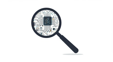 Magnifying glass examining a computer chip illustrating technology and data analysis