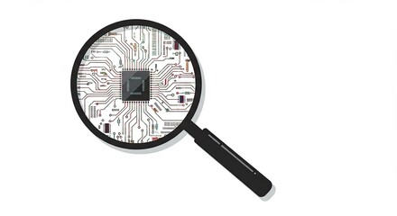 Magnifying glass examining a detailed circuit board with a central processor