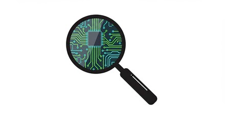 Magnifying glass examining a microchip circuit board on white background