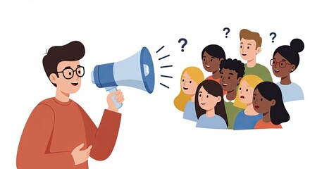 Man with megaphone announcing to a diverse group of people, illustration