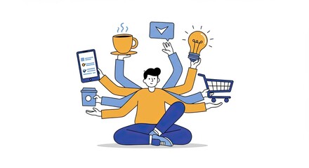 Multitasking illustration of a person with multiple arms handling various items
