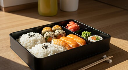 Sunlit Sushi Bento Box: A Delightful Array of Fresh Fish, Rice, and Vibrant Garnishes Beckons.