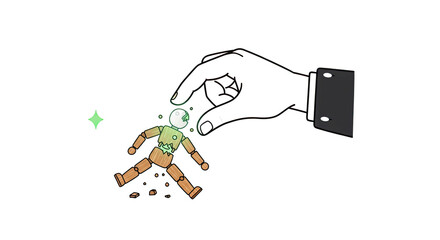 A hand holding a wooden doll with glowing green elements on a black background.