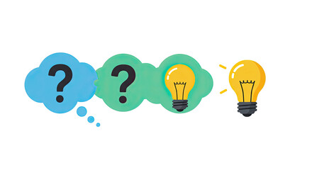 Cartoon illustration of question marks transforming into a bright light bulb idea concept