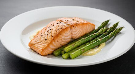 Indulge in this exquisite culinary masterpiece: pan-seared salmon fillet, perfectly complemented by tender roasted asparagus