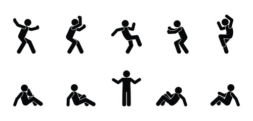 Naklejka premium stick figure people pictogram, set of human silhouettes, man icon, various poses, gestures and movements 