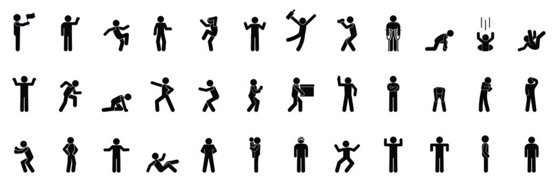 stick figure people pictogram, set of human silhouettes, man icon, various poses, gestures and movements	
