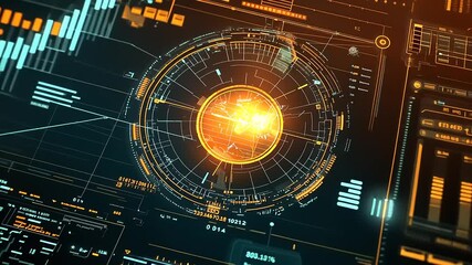 Futuristic digital interface displaying dynamic data visualization and glowing elements in a tech environment - Powered by Adobe