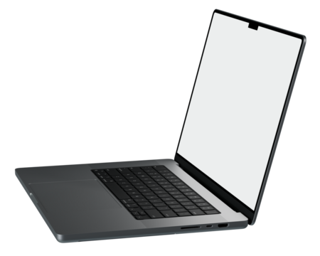Isolated laptop mockup without background with white blank screen. super high resolution 4k 8k