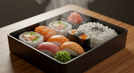 Steaming Hot Sushi Bento Box: A Delicious and Visually Appealing Japanese Meal Ready to Enjoy