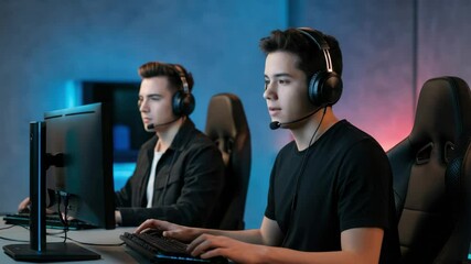 Two young men playing video games on PCs with headsets in gaming room