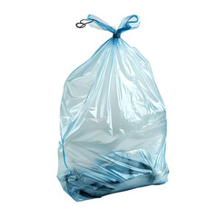 Blue plastic trash bag filled with waste isolated on black background