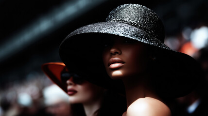 Stylish crowd at a racetrack, in Old Money fashionable models, women, men, ladies in tailored suits and women in floral dresses and fabulous hats, chatting and watching the race