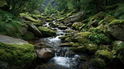 Obraz premium Stream through mossy rocks landscape