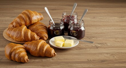 Golden-brown croissants, glistening jam jars, and pats of butter create a delightful breakfast scene on a rustic wooden table, promising a delicious start to the day.