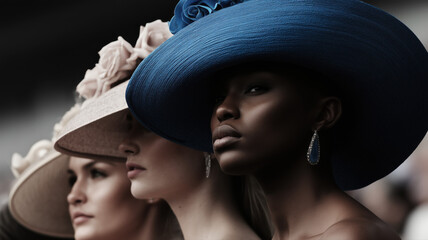 Stylish crowd at a racetrack, in Old Money fashionable models, women, men, ladies in tailored suits and women in floral dresses and fabulous hats, chatting and watching the race