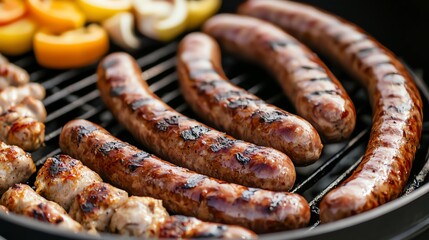 Fototapeta premium BBQ grill with sausages and colorful July 4th food