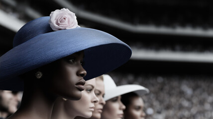 Stylish crowd at a racetrack, in Old Money fashionable models, women, men, ladies in tailored suits and women in floral dresses and fabulous hats, chatting and watching the race