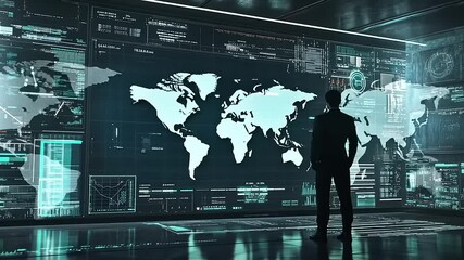Business professional analyzing global data trends on a futuristic digital interface in a modern office - Powered by Adobe