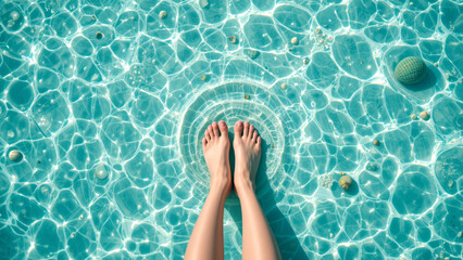 Feet in water. Relaxing Feet in Clear Water. Dipping Toes in a Swimming Pool. Top View of Feet in Turquoise Water.