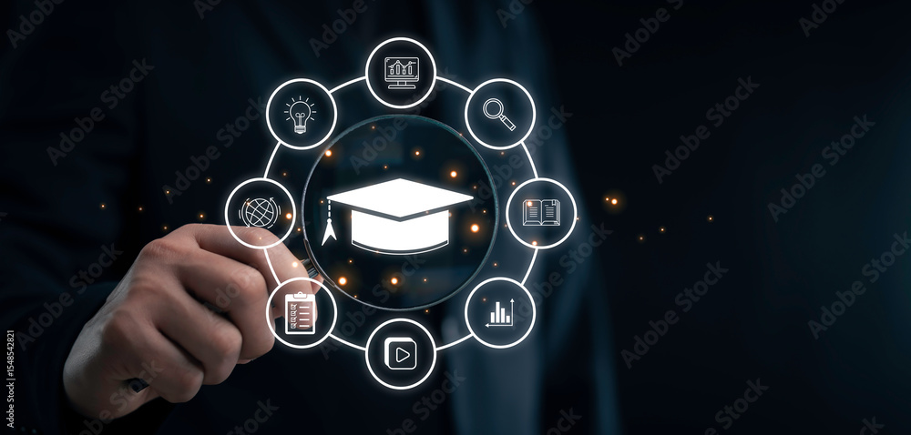 Poster modern digital education interface featuring a virtual graduation cap surrounded by technology icons