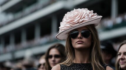 Stylish crowd at a racetrack, in Old Money fashionable models, women, men, ladies in tailored suits and women in floral dresses and fabulous hats, chatting and watching the race