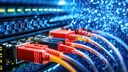 Fototapeta premium Network cables connected to server rack