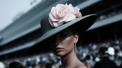 Stylish crowd at a racetrack, in Old Money fashionable models, women, men, ladies in tailored suits and women in floral dresses and fabulous hats, chatting and watching the race