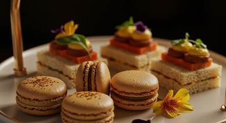 Exquisite Afternoon Tea Delights: Macarons and Finger Sandwiches Gracefully Adorn a Tiered Stand