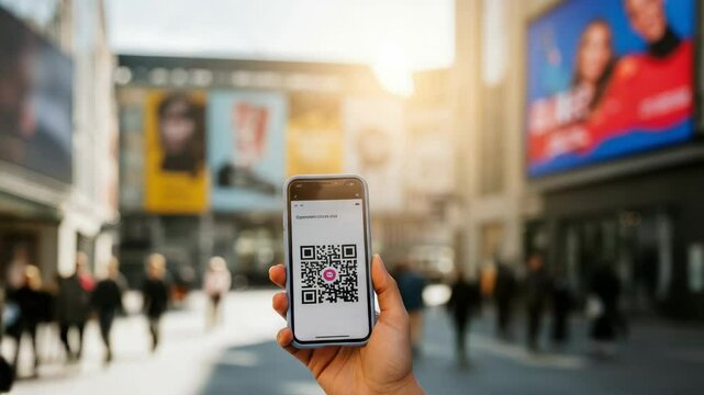 African male holding phone with QR code in busy urban street