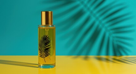 Perfume bottle with palm leaf design and shadow