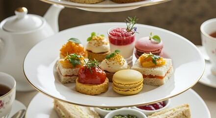 Indulge in the Exquisite Delights of a Traditional Afternoon Tea, Featuring a Stunning Array of Savory Sandwiches, Sweet Macarons, and Elegant Pastries.