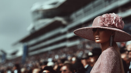 Stylish crowd at a racetrack, in Old Money fashionable models, women, men, ladies in tailored suits and women in floral dresses and fabulous hats, chatting and watching the race