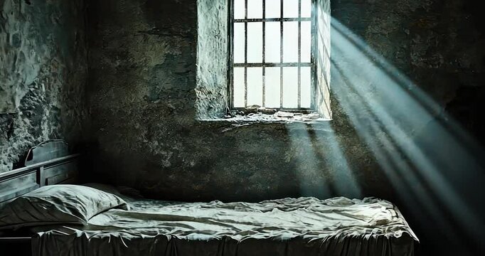 Sunbeams illuminate a rustic bed in a dark, old room with a barred window.