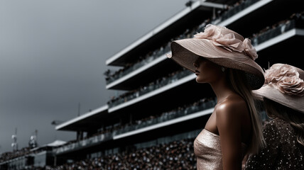 Stylish crowd at a racetrack, in Old Money fashionable models, women, men, ladies in tailored suits and women in floral dresses and fabulous hats, chatting and watching the race