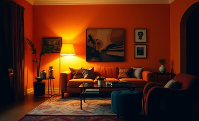 A vibrant orange hue enveloped a stylish living room adorned with a plush design sofa that anchored its eclectic decor a statement lamp and colorful home accessories that added a touch of personality 