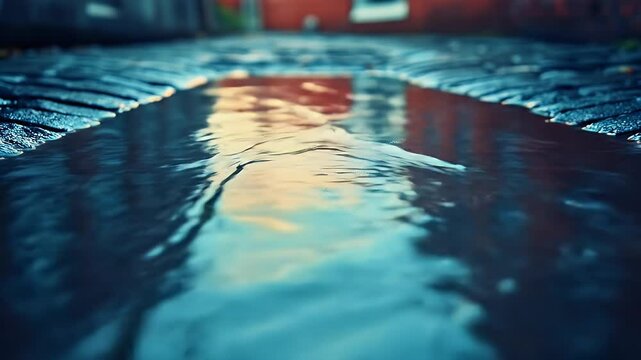 Reflective Puddle on Cobblestone Street with Building Reflection in Blue and Orange Hues
