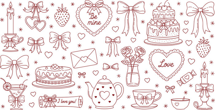 Set of hand drawn coquette elements for Valentines day, wedding invitation, birthday card. Cute girly bows, hearts, ribbons, cherry, cake, heart frame, strawberry. Vintage elegant vector