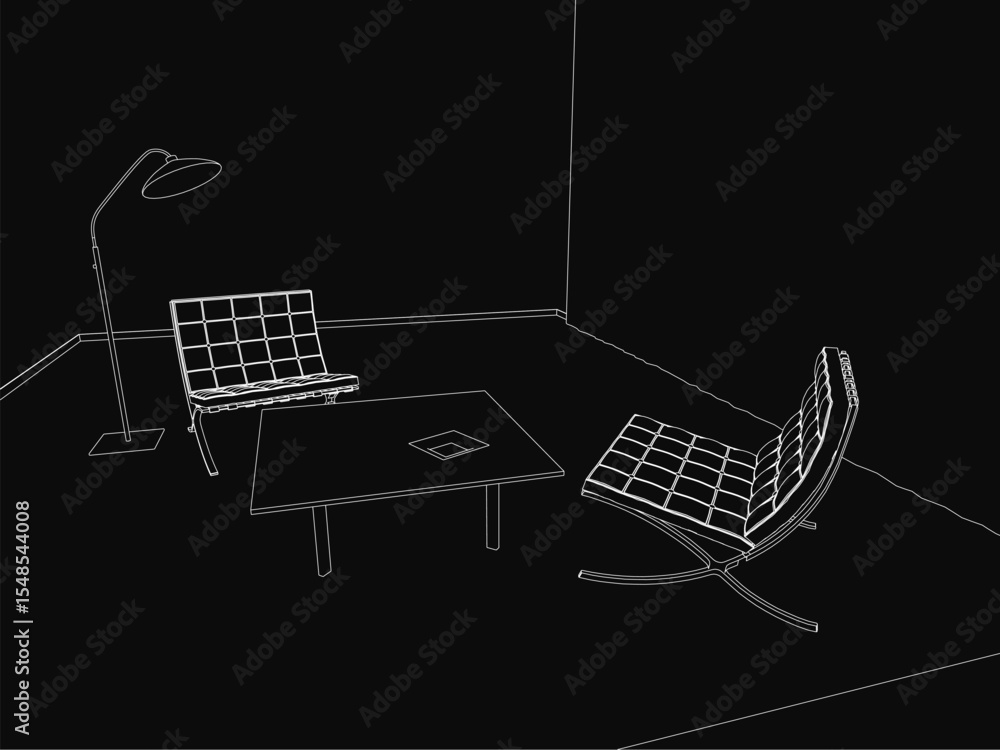 Poster a black and white outline drawing of a chair and table in a simple interior setting, illuminated by 