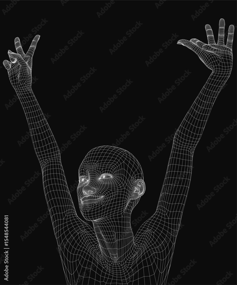 Poster a happy girl in wireframe 3d model form stands with arms outstretched against a black background. th