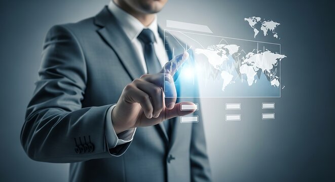 Modern businessman interacting with futuristic digital interface, global analysis