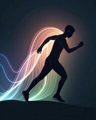 Obraz premium Abstract vector illustration of a human silhouette surrounded by flowing gradient light trails and motion blur effects – representing energy, consciousness, and digital transformation