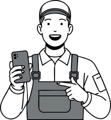 Male worker holding smartphone and pointing at device in casual uniform vector illustration 