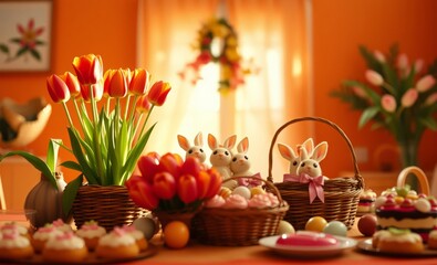 A warm inviting orange-hued space adorned with a vibrant tulip arrangement playful bunnies peeking out from behind Easter baskets and a symphony of spring sweets creating a festive and cozy atmosphere