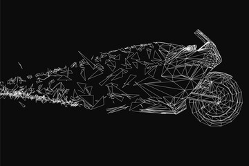 A black and white motorcycle illustration composed of geometric shapes and clean lines, creating a striking and modern design on a dark background. The minimalist style emphasizes form and structure,.