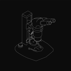 Black and white microscope illustration with monochrome style, set against a stark black background. The detailed drawing highlights the scientific instrument's structure and lenses.