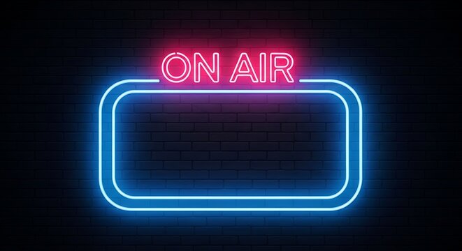 Neon 'On Air' sign against a brick wall, ideal for podcasts and streaming