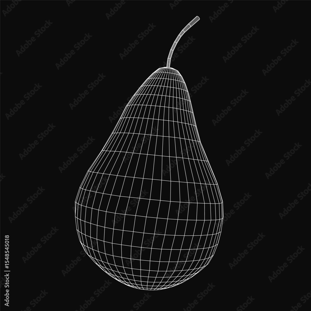Poster wireframe 3d model of a pear with realistic shading and intricate mesh details, isolated on a sleek 